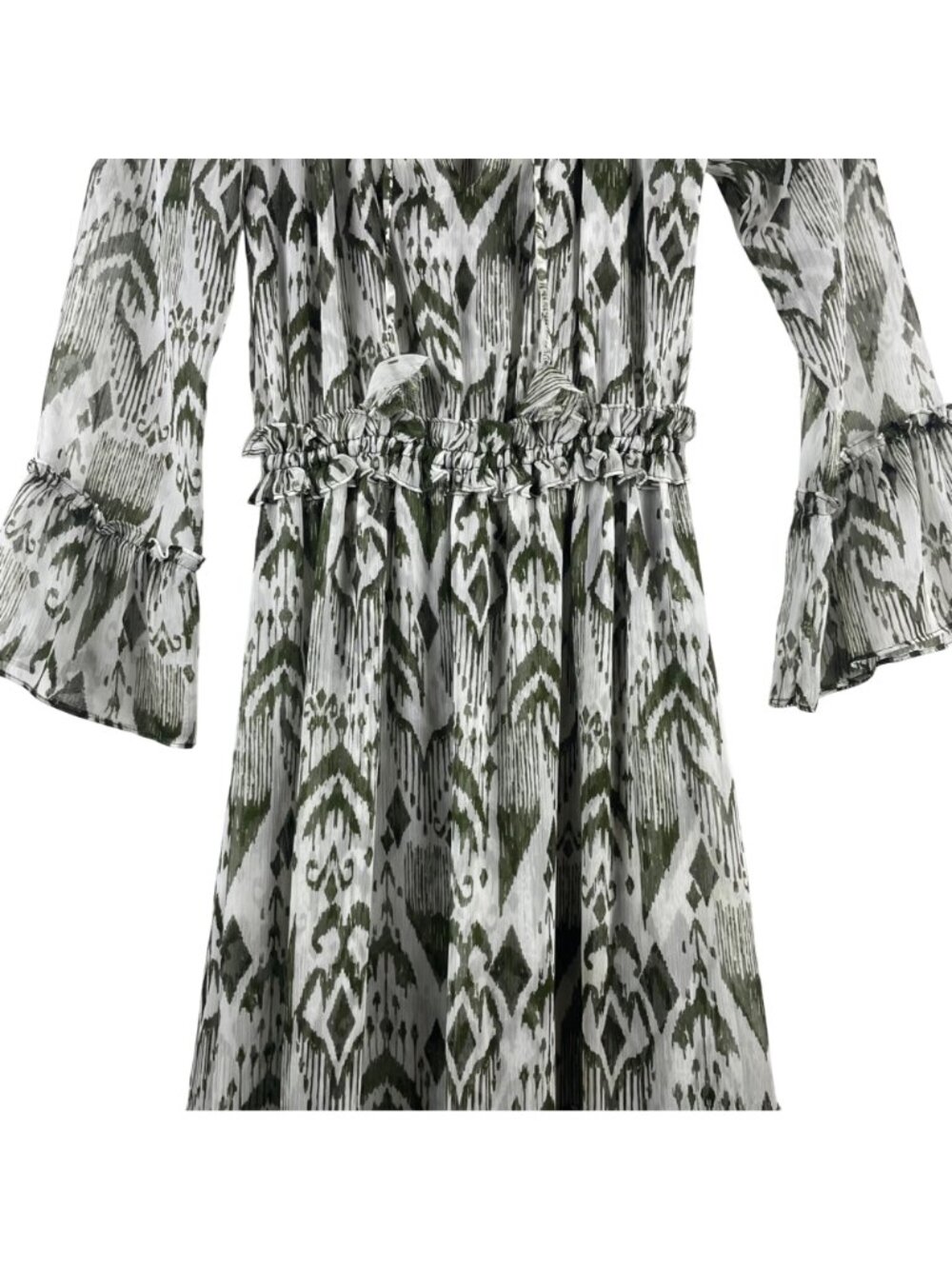 MISA Los Angeles Hadeya Green White Ikat Print Tiered Midi Dress Ruffles Small - Picture 3 of 13
